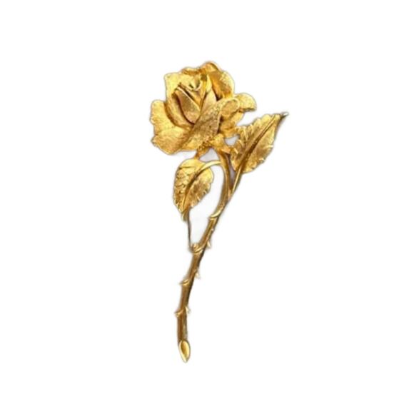 Vintage Gold Plated Thorny Rose Brooch, Charel 1945, 4" Long - Picture 5 of 11